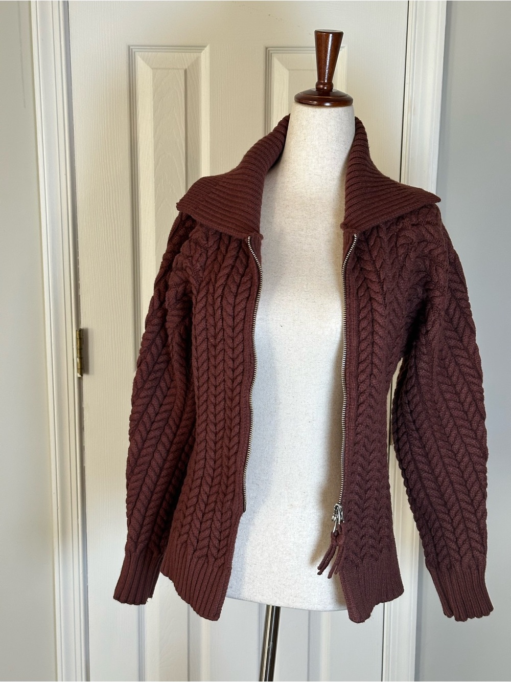 Maeve Hourglass Two way Cable-Knit Zip Cardigan Sweater - Brown - Picture 9 of 12